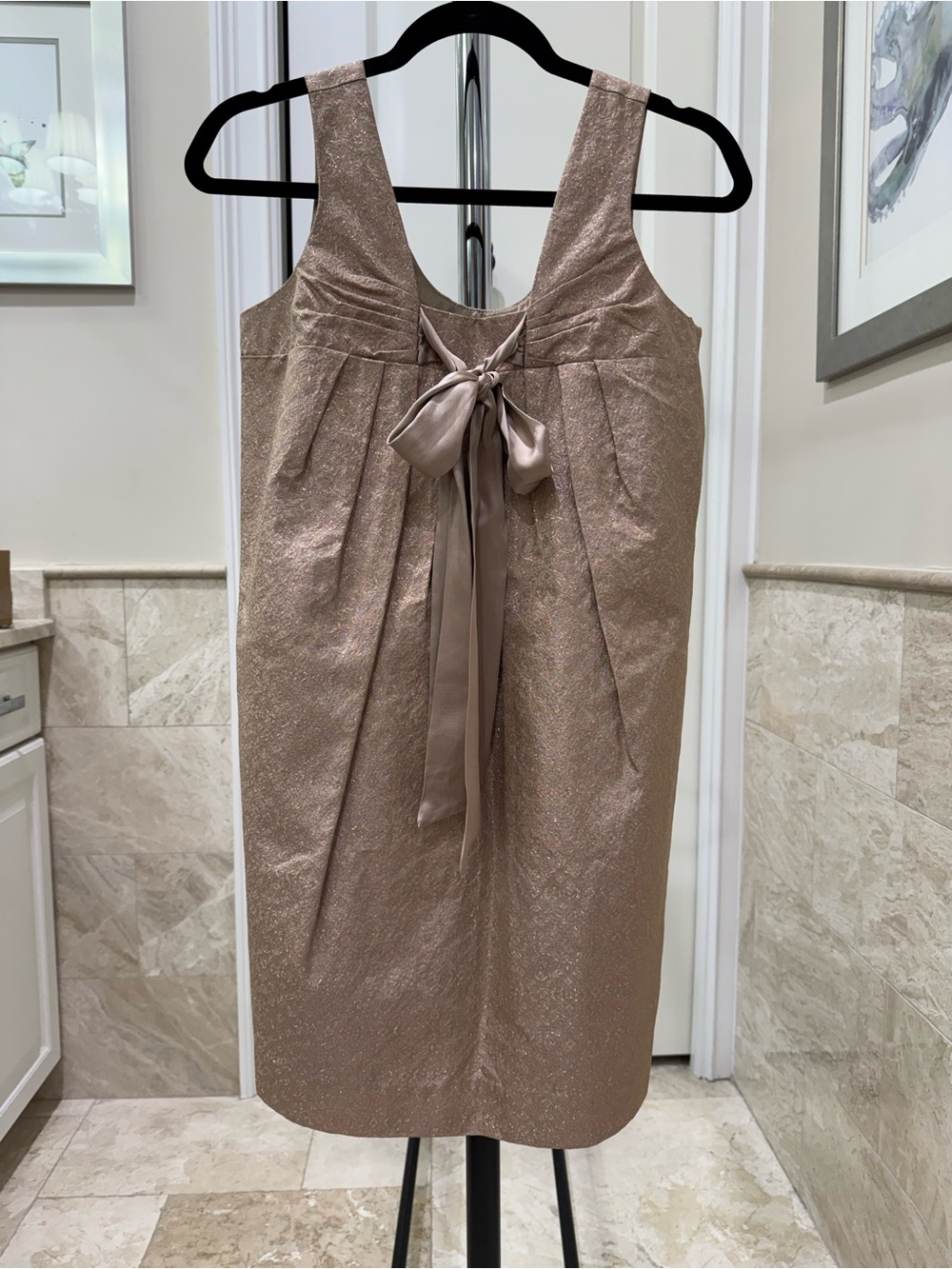 Single Dress silk Sleeveless Metallic champagne Bow-Front Cocktail Dress small